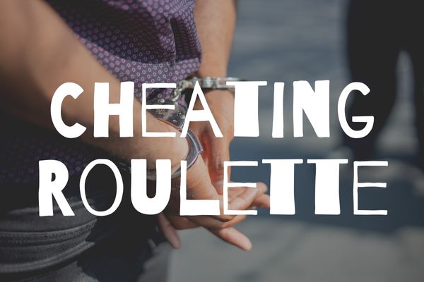 a man in handcuffs with cheating roulette text