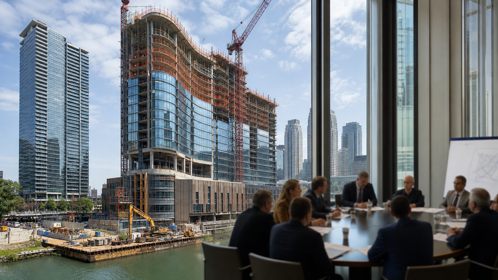 Chicago casino construction site beside a city skyline