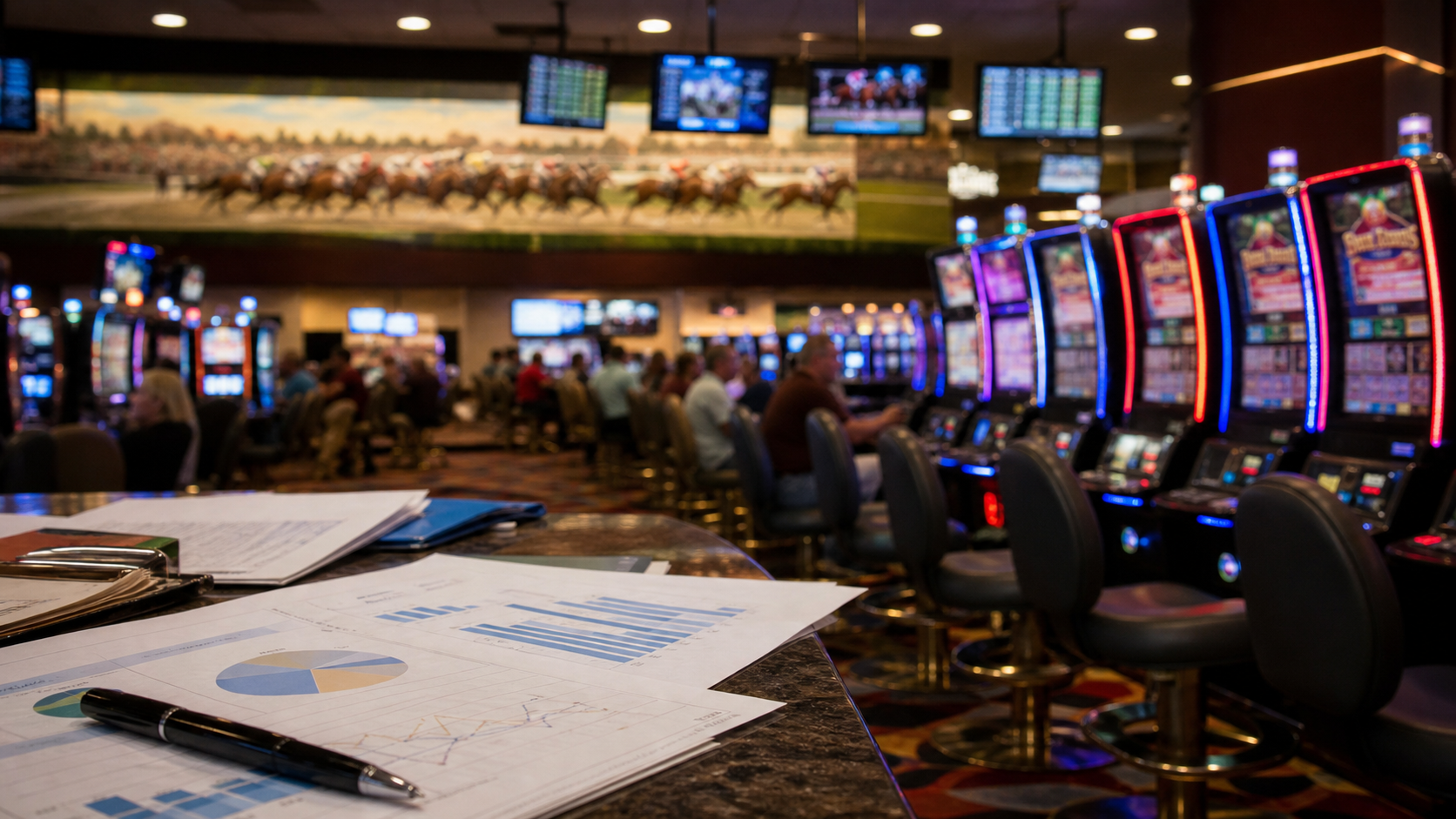 Unbranded Iowa casino floor with a monthly market report