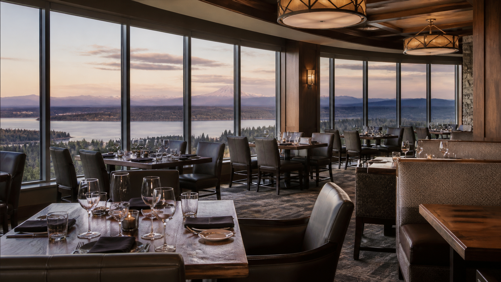 Pacific Northwest casino hotel steakhouse with mountain and water views