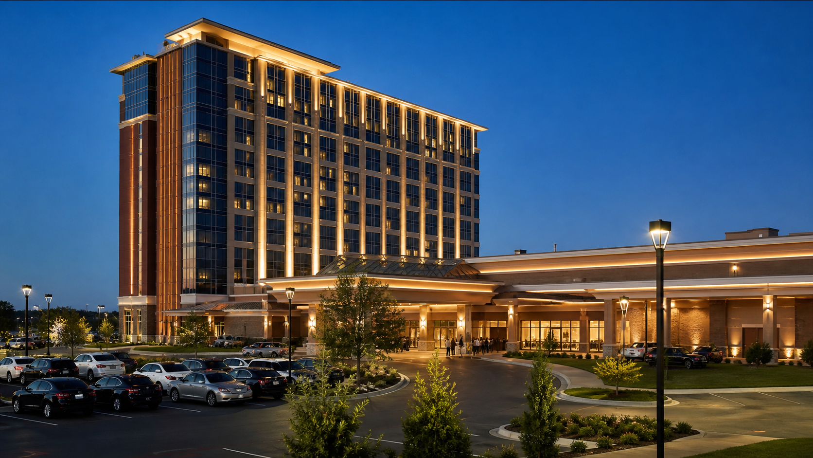 Regional casino resort in Colorado with an illuminated hotel tower