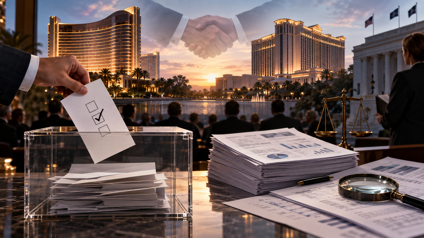 Editorial illustration of a Caesars and Fertitta casino merger, shareholder vote, and regulatory filings