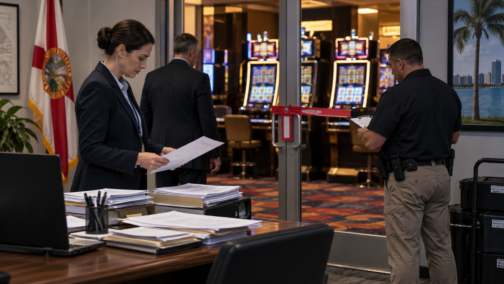 Editorial illustration of Florida gaming enforcement and a state regulatory investigation