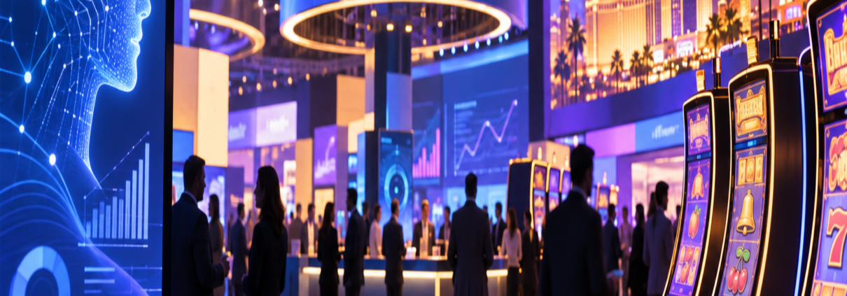 Editorial illustration of G2E 2026, casino AI technology, and a Las Vegas trade-show floor