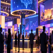 Editorial illustration of G2E 2026, casino AI technology, and a Las Vegas trade-show floor