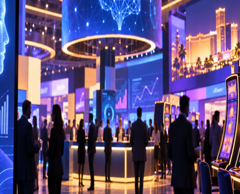 Editorial illustration of G2E 2026, casino AI technology, and a Las Vegas trade-show floor