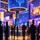 Editorial illustration of G2E 2026, casino AI technology, and a Las Vegas trade-show floor