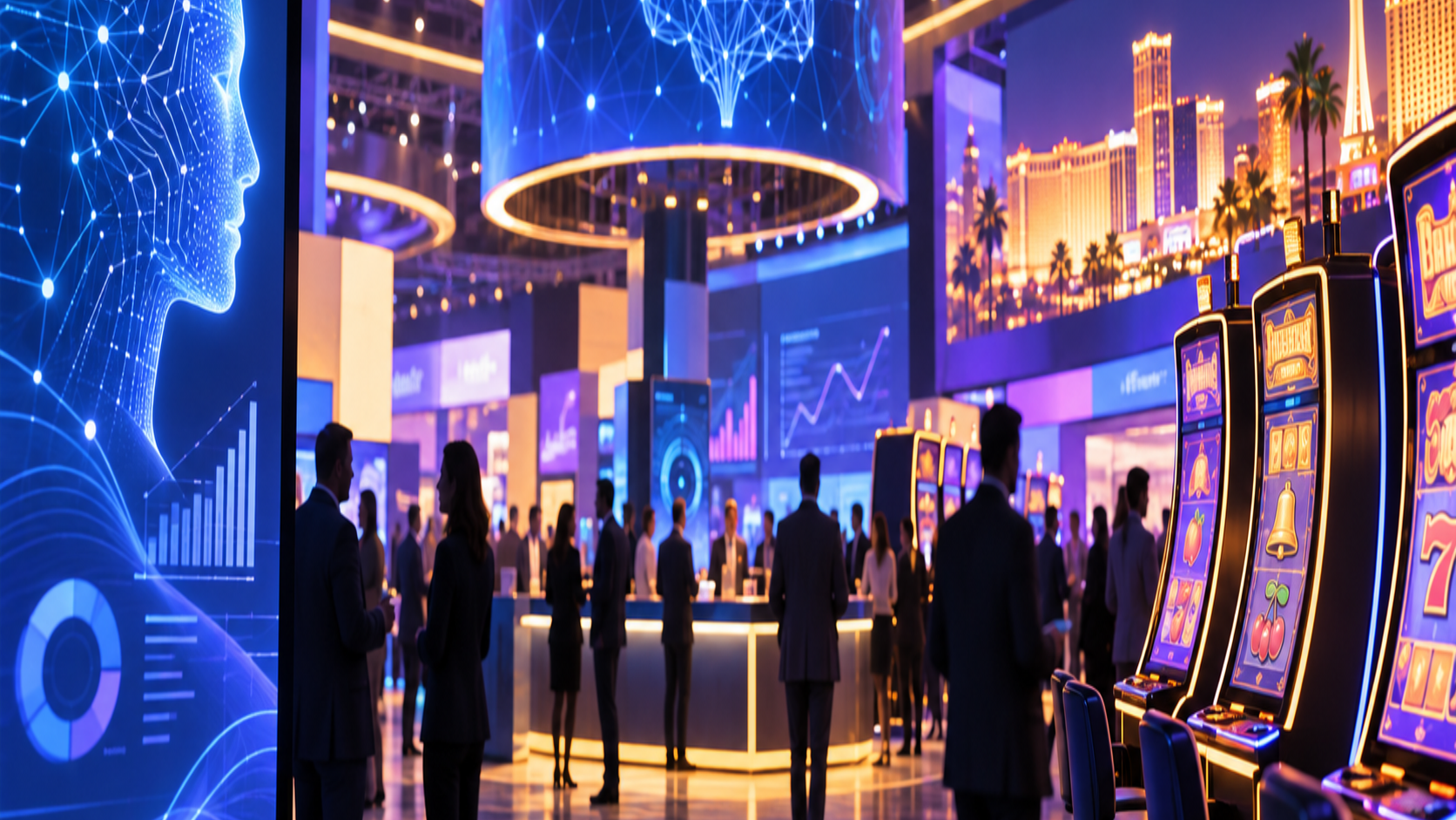 Editorial illustration of G2E 2026, casino AI technology, and a Las Vegas trade-show floor