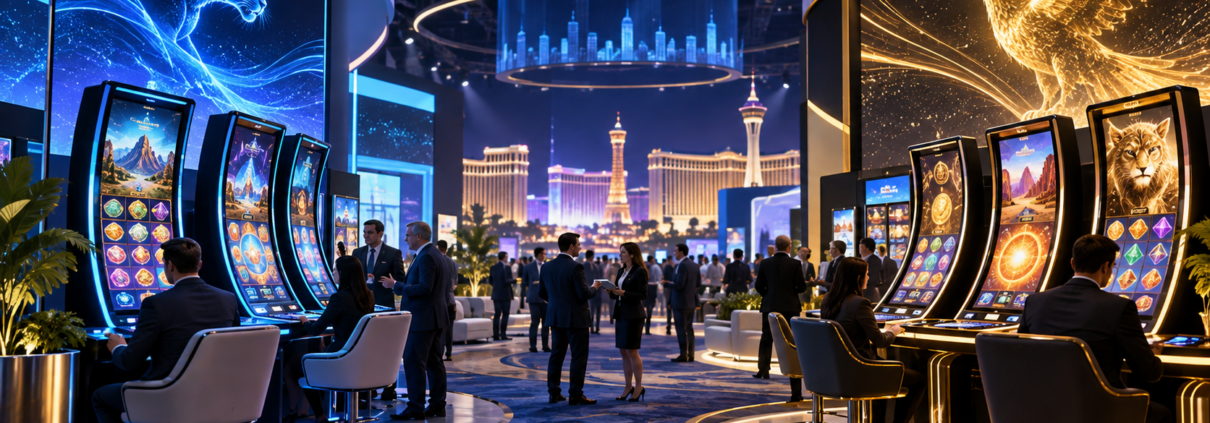 Editorial illustration of IGT and Everi casino technology, slot cabinets, and a G2E exhibition floor