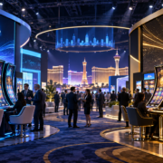 Editorial illustration of IGT and Everi casino technology, slot cabinets, and a G2E exhibition floor