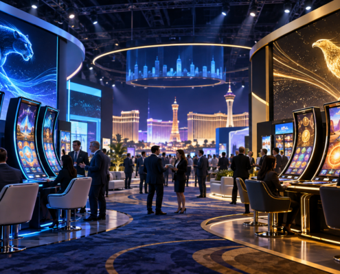 Editorial illustration of IGT and Everi casino technology, slot cabinets, and a G2E exhibition floor