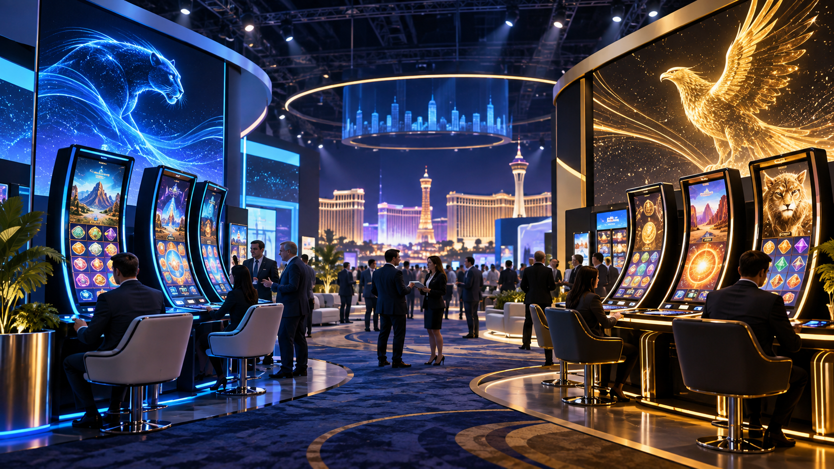 Editorial illustration of IGT and Everi casino technology, slot cabinets, and a G2E exhibition floor
