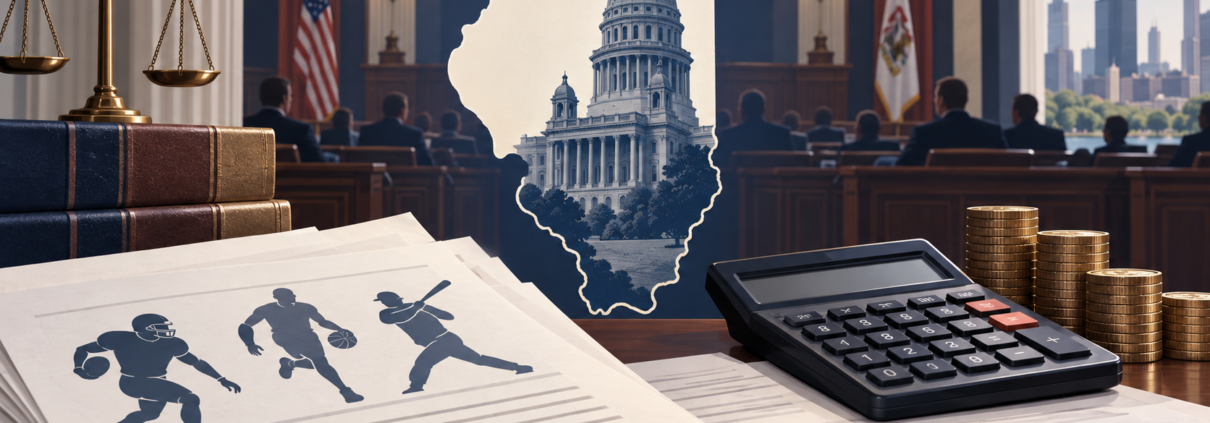 Editorial illustration of an Illinois legislative hearing about prediction-market taxes