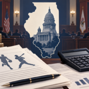 Editorial illustration of an Illinois legislative hearing about prediction-market taxes