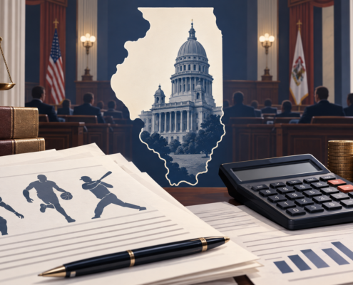 Editorial illustration of an Illinois legislative hearing about prediction-market taxes