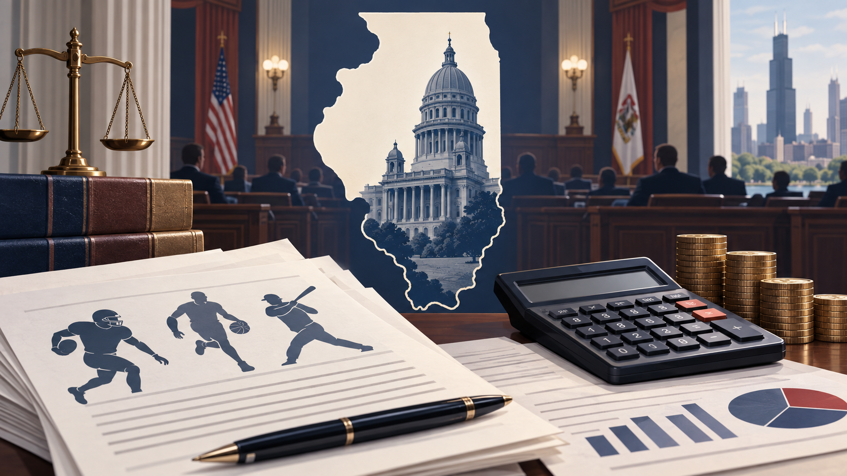 Editorial illustration of an Illinois legislative hearing about prediction-market taxes