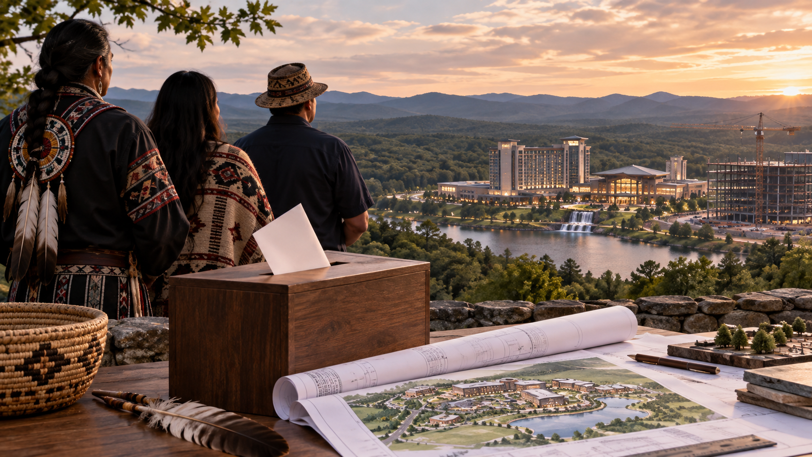Editorial illustration of North Carolina tribal casino development, a ballot box, and a proposed resort