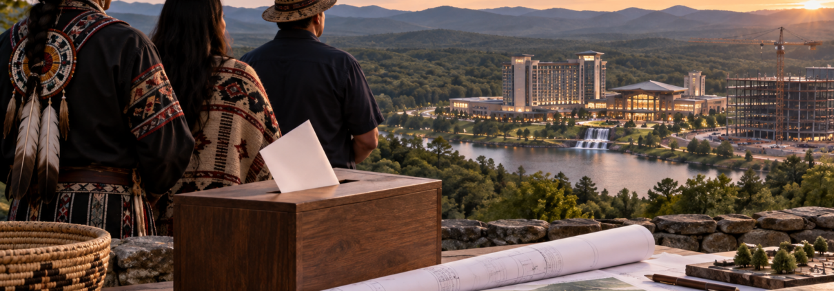 Editorial illustration of North Carolina tribal casino development, a ballot box, and a proposed resort