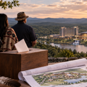 Editorial illustration of North Carolina tribal casino development, a ballot box, and a proposed resort