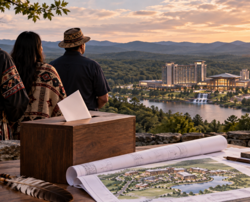 Editorial illustration of North Carolina tribal casino development, a ballot box, and a proposed resort