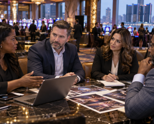 Editorial illustration of a Detroit casino leadership meeting and marketing planning