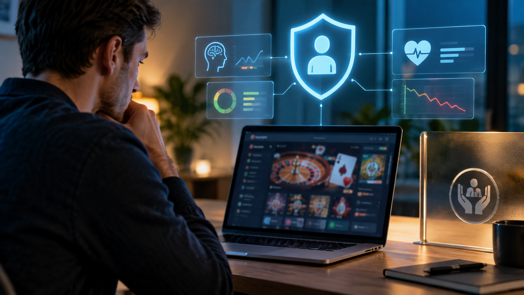 Editorial illustration of AI player-protection monitoring for casino platforms