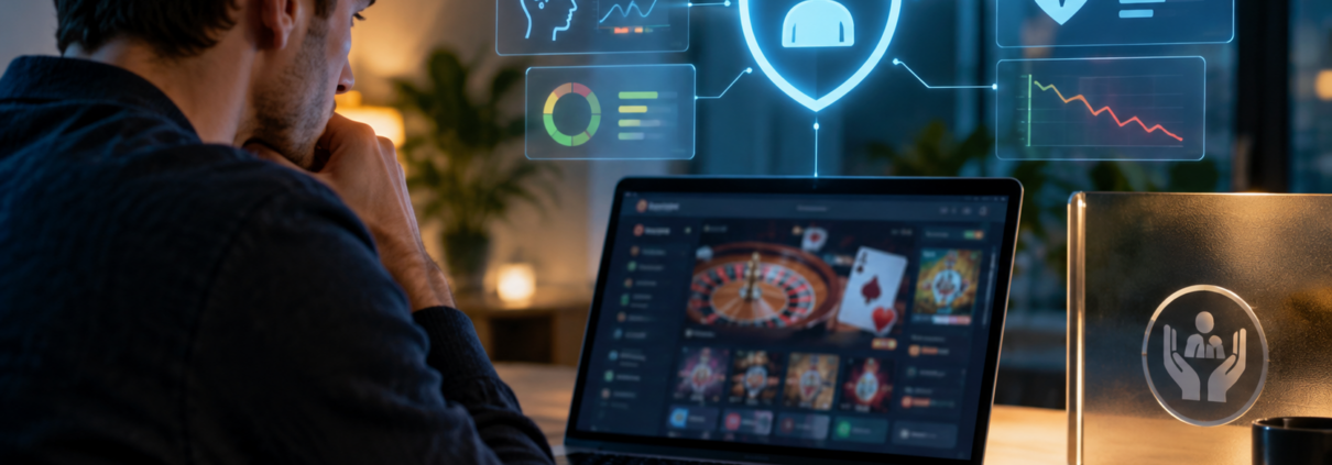 Editorial illustration of AI player-protection monitoring for casino platforms