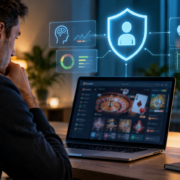 Editorial illustration of AI player-protection monitoring for casino platforms