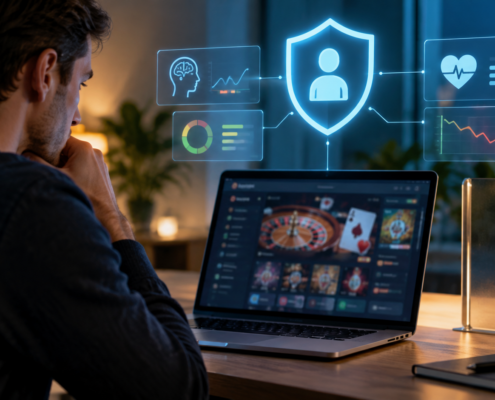 Editorial illustration of AI player-protection monitoring for casino platforms
