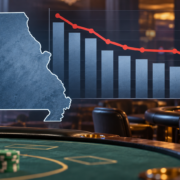 Editorial illustration of Missouri casino revenue figures with a state outline and gaming tables