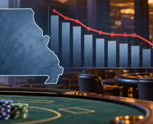 Editorial illustration of Missouri casino revenue figures with a state outline and gaming tables