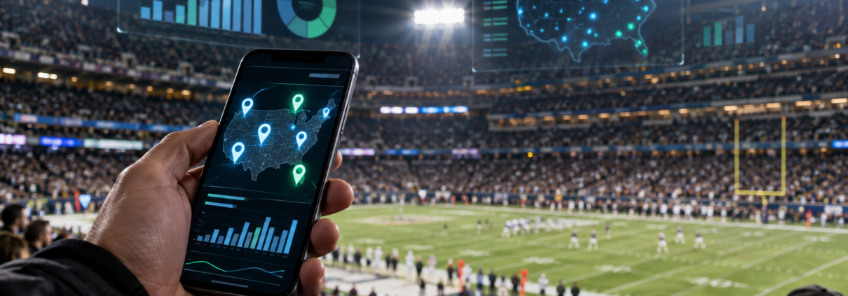 Editorial illustration of NFL sports betting activity, geolocation analytics, and a football stadium