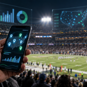 Editorial illustration of NFL sports betting activity, geolocation analytics, and a football stadium