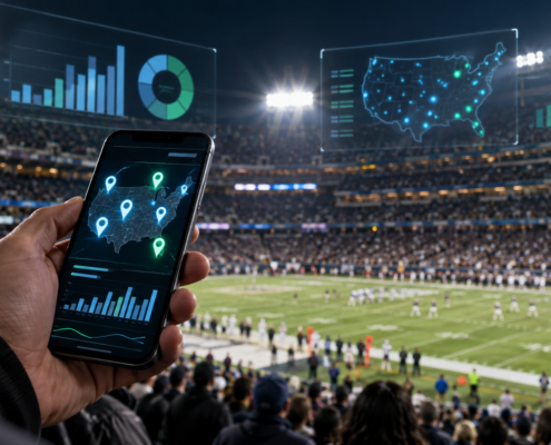 Editorial illustration of NFL sports betting activity, geolocation analytics, and a football stadium