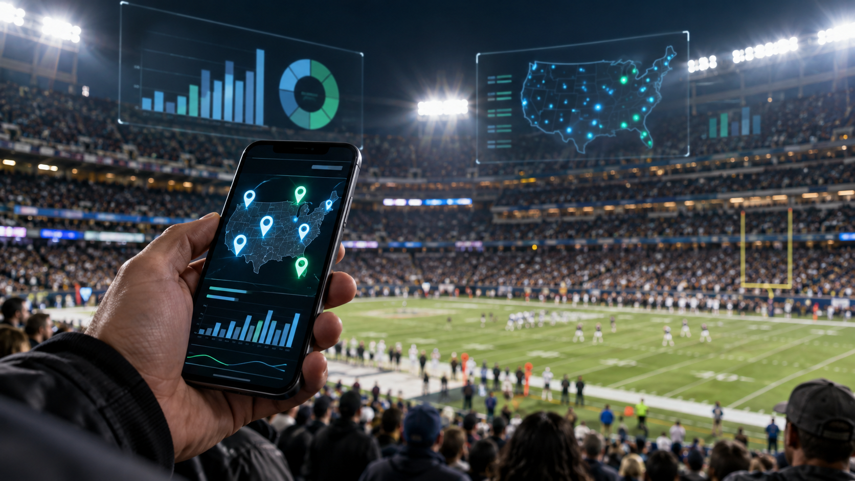 Editorial illustration of NFL sports betting activity, geolocation analytics, and a football stadium