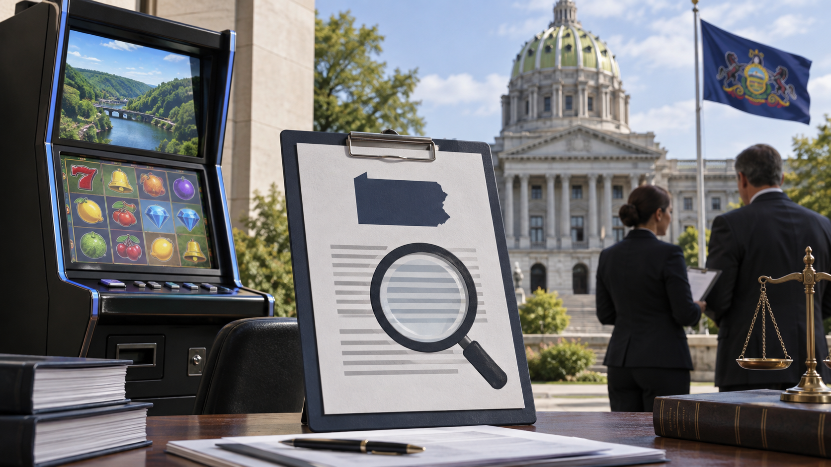 Editorial illustration of Pennsylvania skill-game enforcement and a state regulatory notice