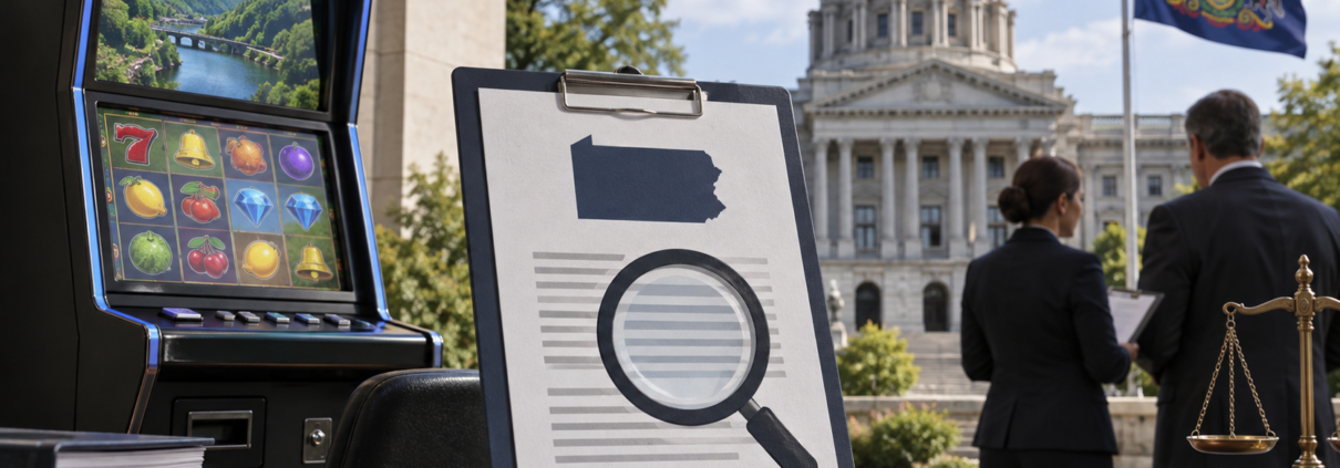 Editorial illustration of Pennsylvania skill-game enforcement and a state regulatory notice