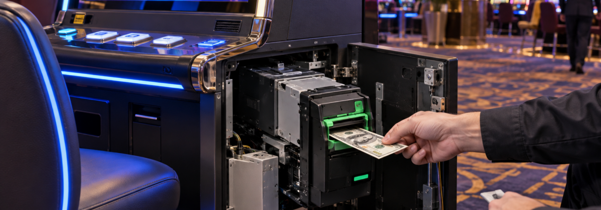 Editorial illustration of a slot machine bill validator and casino floor technology