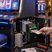 Editorial illustration of a slot machine bill validator and casino floor technology