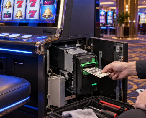 Editorial illustration of a slot machine bill validator and casino floor technology