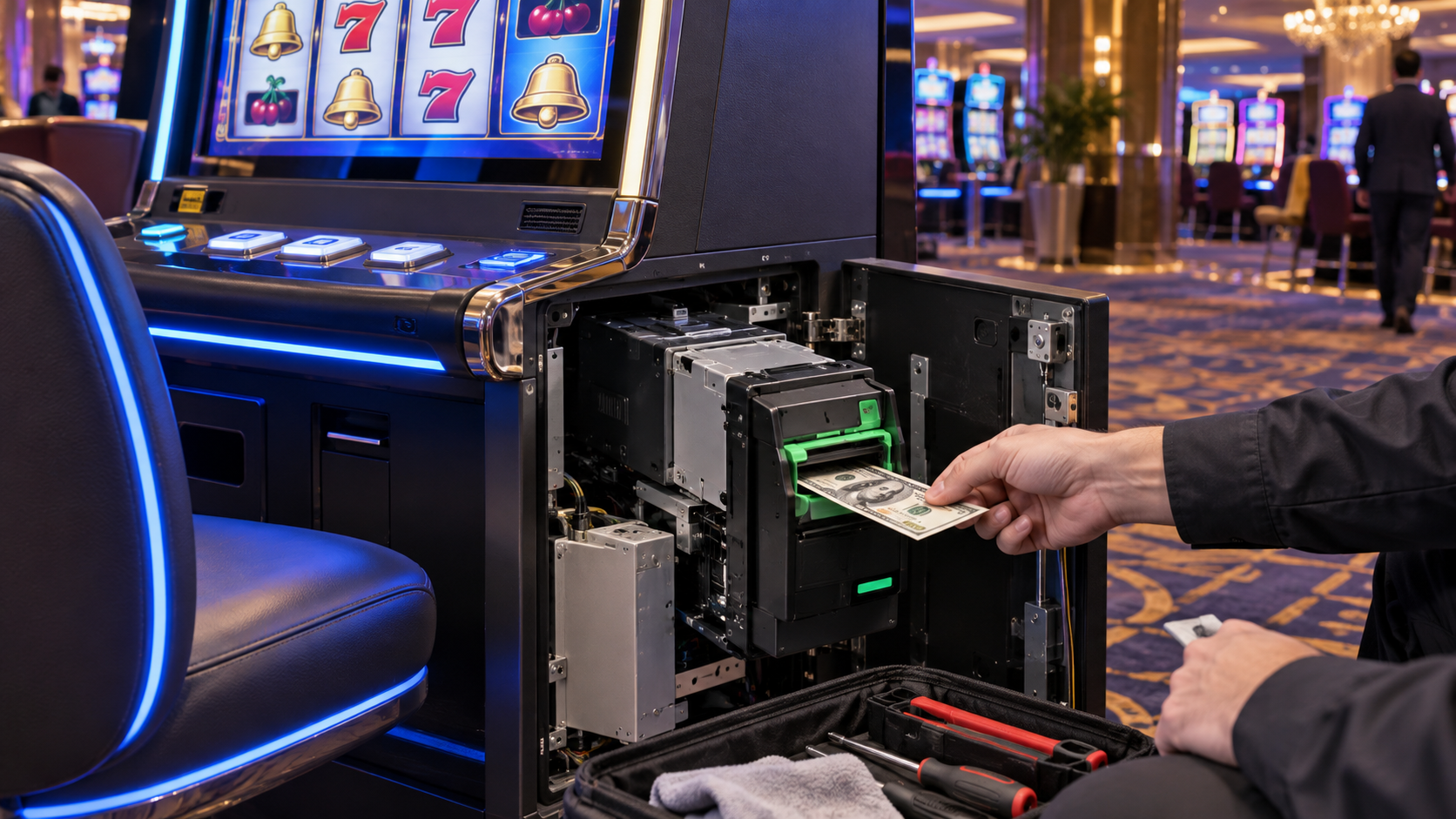 Editorial illustration of a slot machine bill validator and casino floor technology