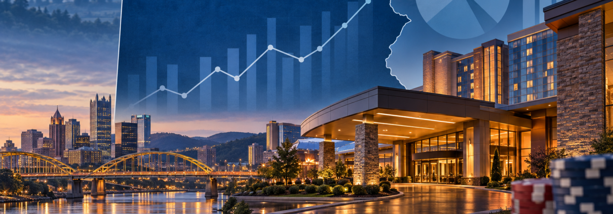 Editorial illustration of Pennsylvania casino revenue, a state map, and casino market analysis