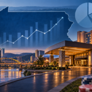 Editorial illustration of Pennsylvania casino revenue, a state map, and casino market analysis