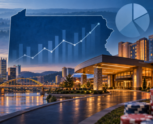 Editorial illustration of Pennsylvania casino revenue, a state map, and casino market analysis