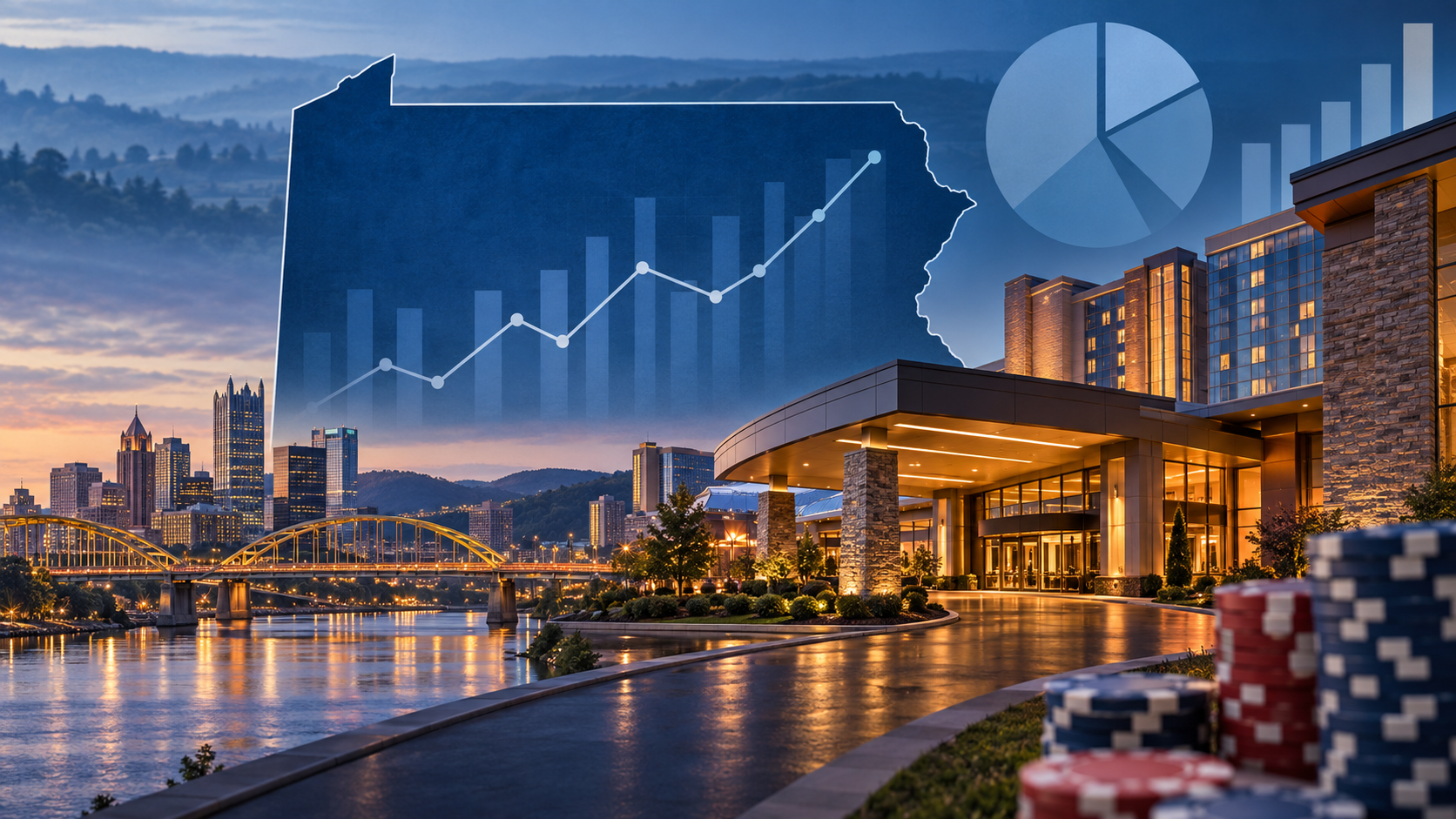 Editorial illustration of Pennsylvania casino revenue, a state map, and casino market analysis