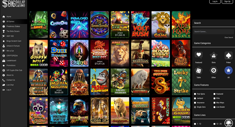 Big Dollar Casino game lobby with slot tiles and category filters