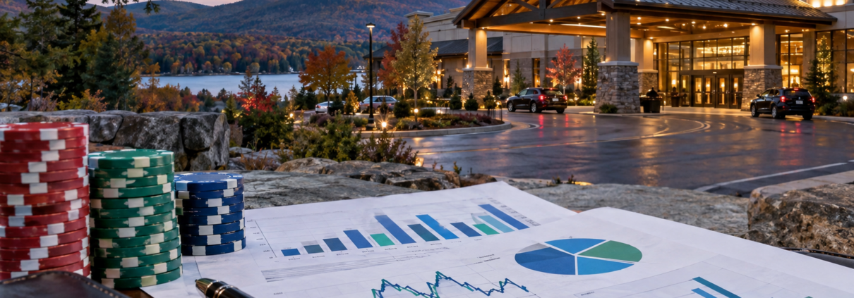 Editorial illustration of New Hampshire casino revenue, state figures, and a regional gaming venue