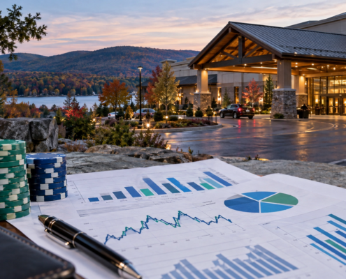 Editorial illustration of New Hampshire casino revenue, state figures, and a regional gaming venue