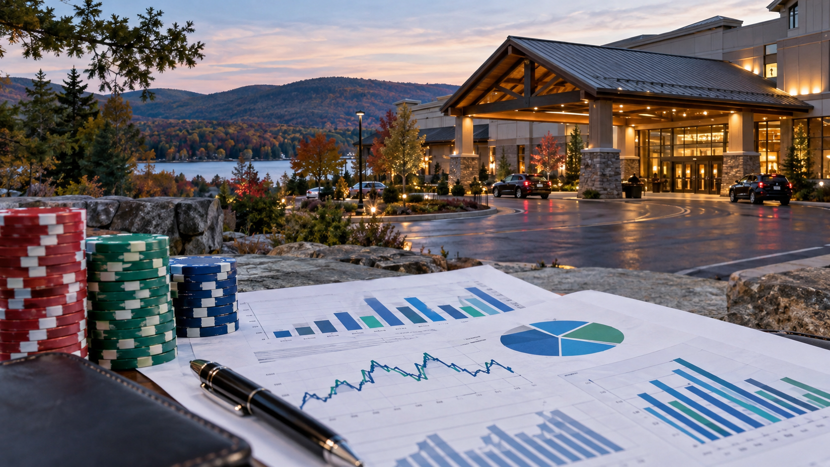 Editorial illustration of New Hampshire casino revenue, state figures, and a regional gaming venue