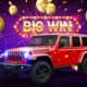 Red jeep wrangler with winning writing and symbols